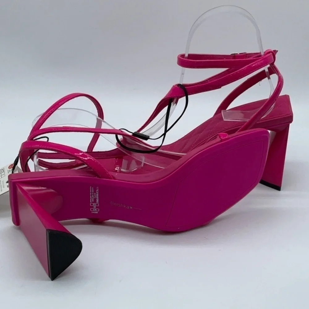 Bershka mid heel T-bar sandals in hot pink
